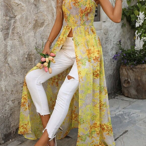 Yellow Boho Women's Floral Print Draped Front Split Hem Strapless Top - Picture 6 of 6